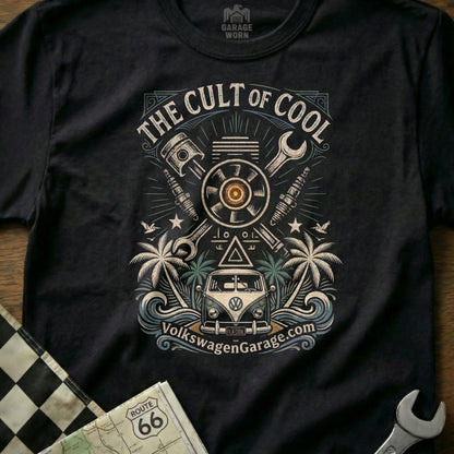 The Cult of Cool Volkswagen Garage t-shirt with engine and van graphic.