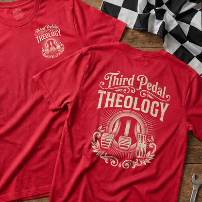 Red t-shirt with "Third Pedal Theology" and pedal graphic.