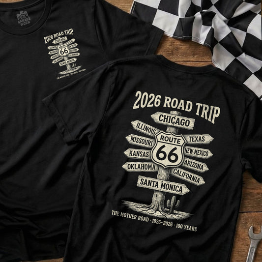 Black t-shirt with "2026 Road Trip Route 66" text and destinations.