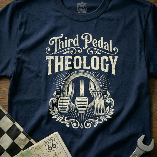 Navy t-shirt with "Third Pedal Theology" and vintage clutch pedal graphic.