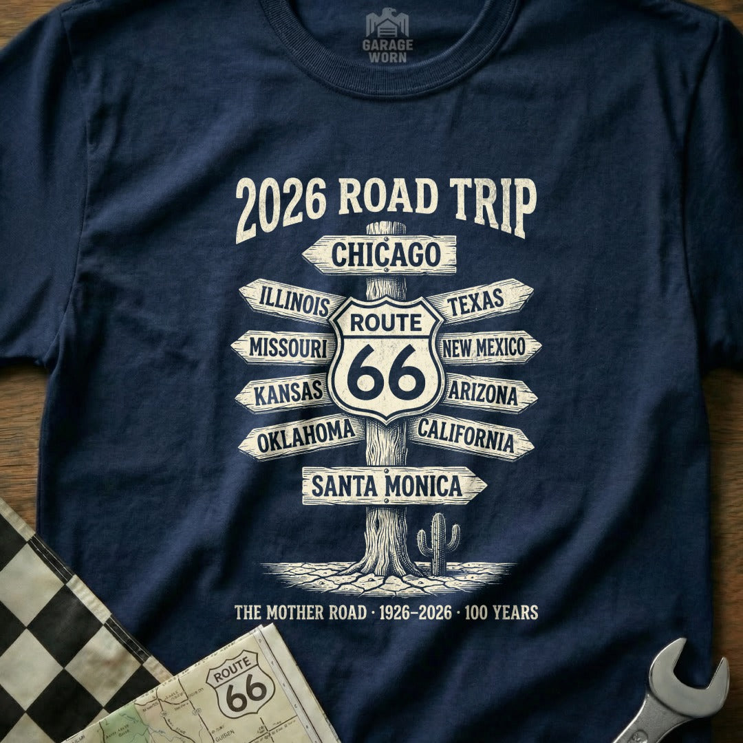 T-shirt with Route 66 destinations and "2026 Road Trip" text.