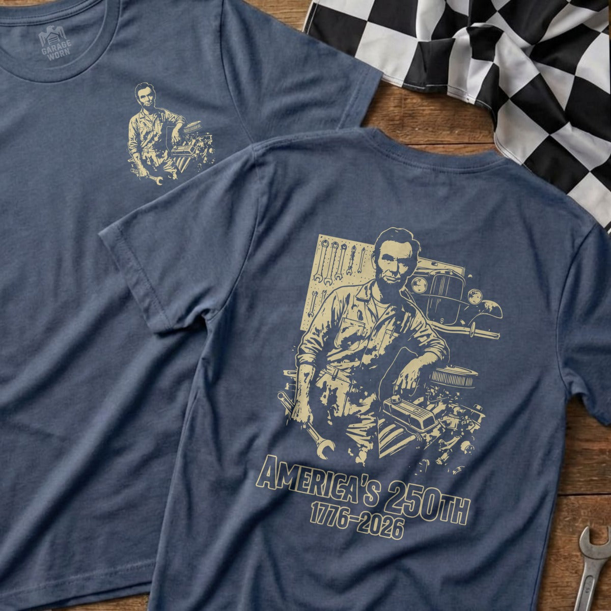 Navy t-shirt with Abraham Lincoln and vintage car graphic.