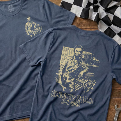 Navy t-shirt with Abraham Lincoln and vintage car graphic.