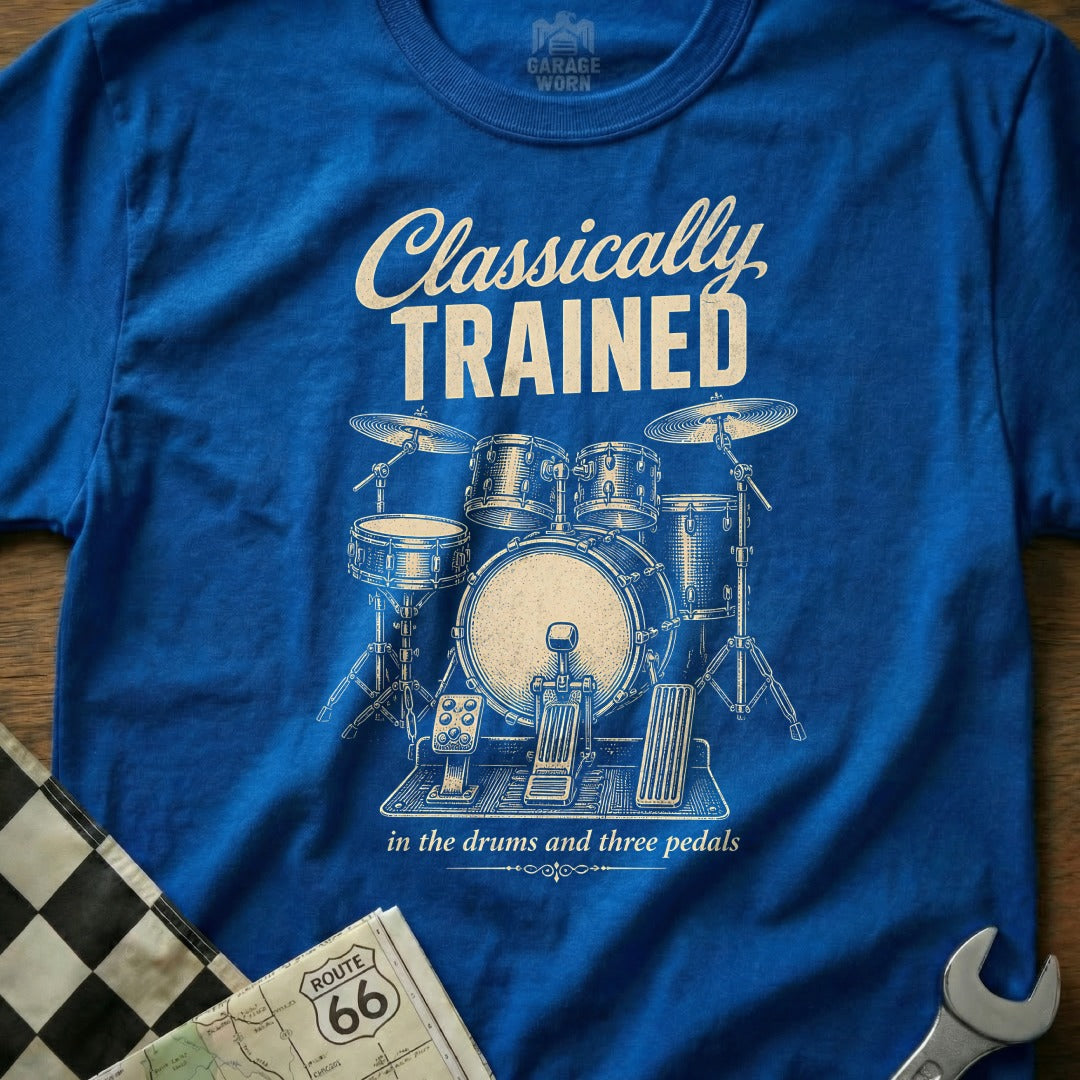 Blue t-shirt with "Classically Trained" and drum set illustration.