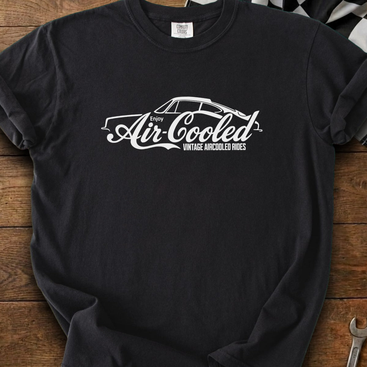 Black t-shirt with a white "Enjoy Air-Cooled Vintage Aircooled Rides" graphic.