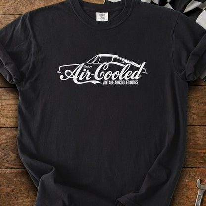 Black t-shirt with a white "Enjoy Air-Cooled Vintage Aircooled Rides" graphic.