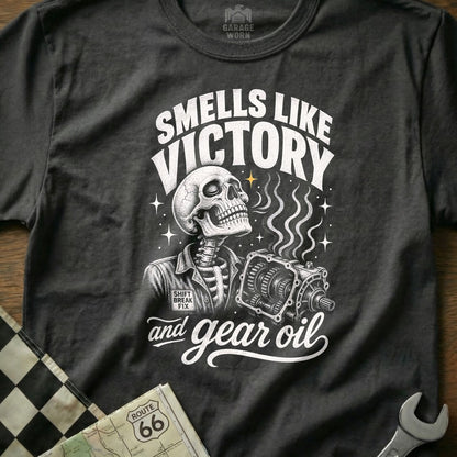 Smells like Victory and Gear Oil dark t-shirt with skeleton mechanic atrous gear.