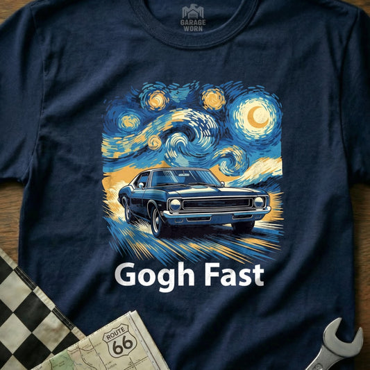 Dark blue t-shirt featuring a classic car against a starry night sky with "Gogh Fast" text.