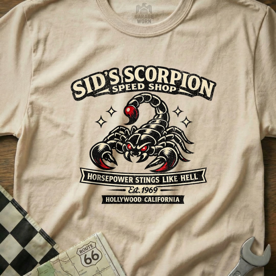 Sid's Scorpion Speed Shop Horsepower Stings Like Hell Shirt