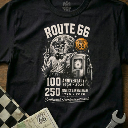 Skeleton in gas station uniform with Route 66 and anniversary text.
