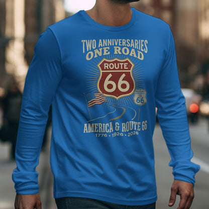 Blue long sleeve shirt with Route 66, American flag, and dates 1776-1926-2026 print.