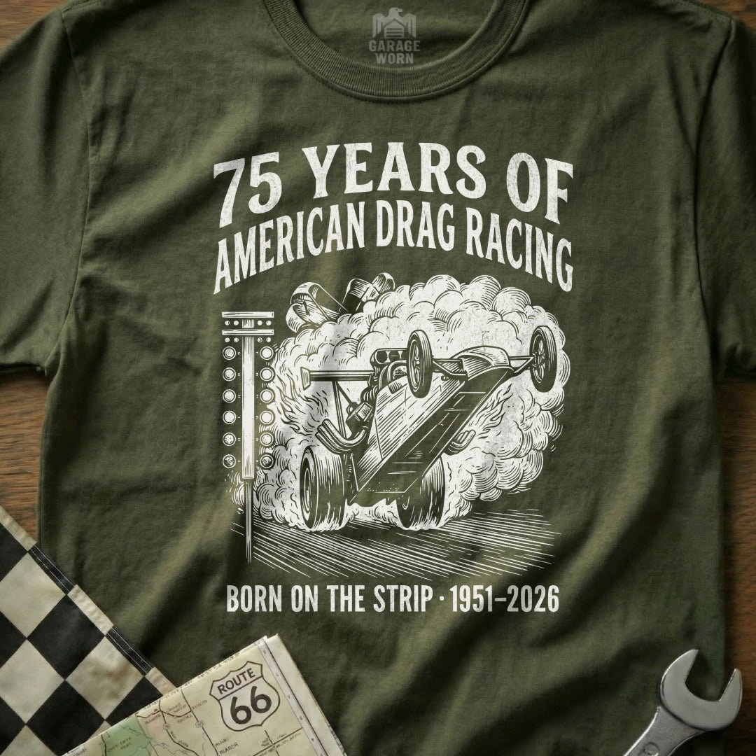 T-shirt graphic celebrating 75 Years of American Drag Racing, 1951-2026.