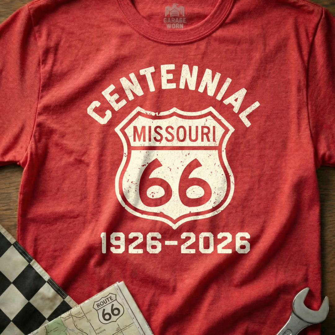 Red t-shirt with "Centennial Missouri Route 66 1926-2026" shield logo.