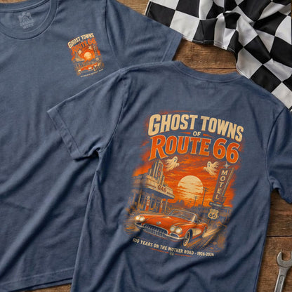 T-shirt with "Ghost Towns of Route 66" graphic and vintage car.