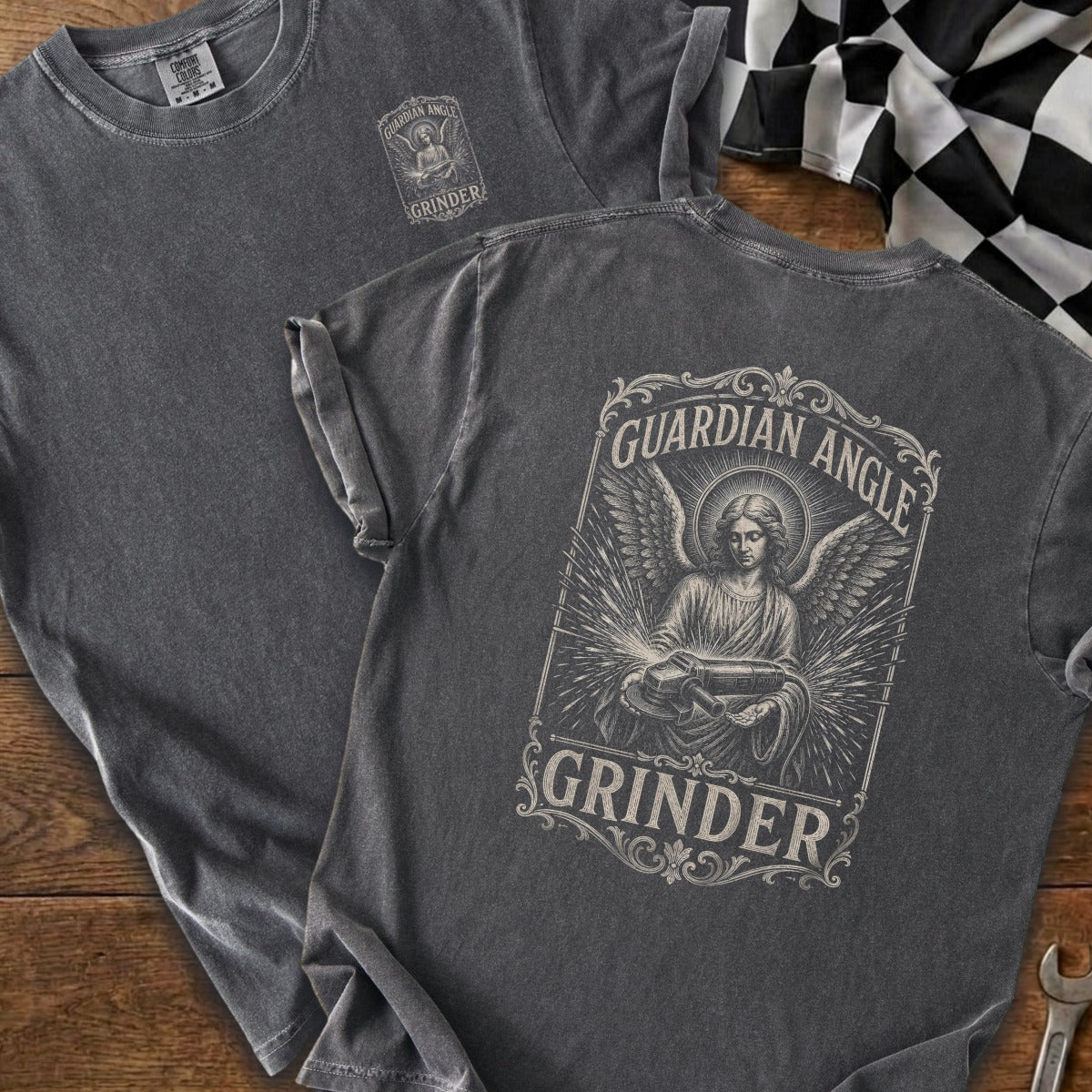 Dark grey t-shirt with guardian angel holding a grinder graphic and text.