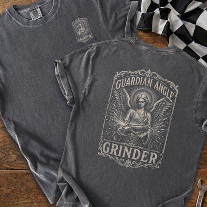 Dark grey t-shirt with guardian angel holding a grinder graphic and text.