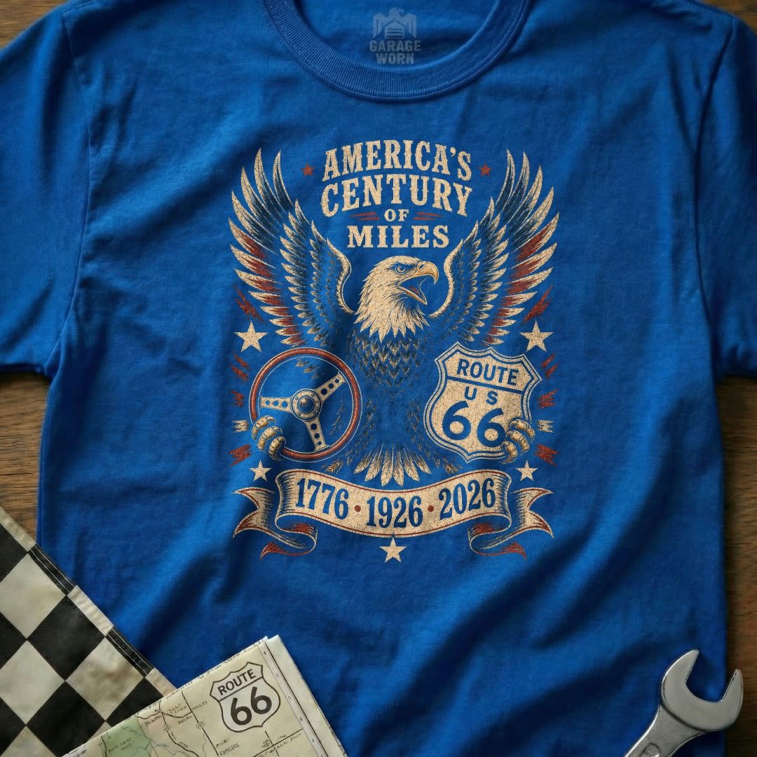 Blue t-shirt with Route 66 eagle and "America's Century of Miles" text.