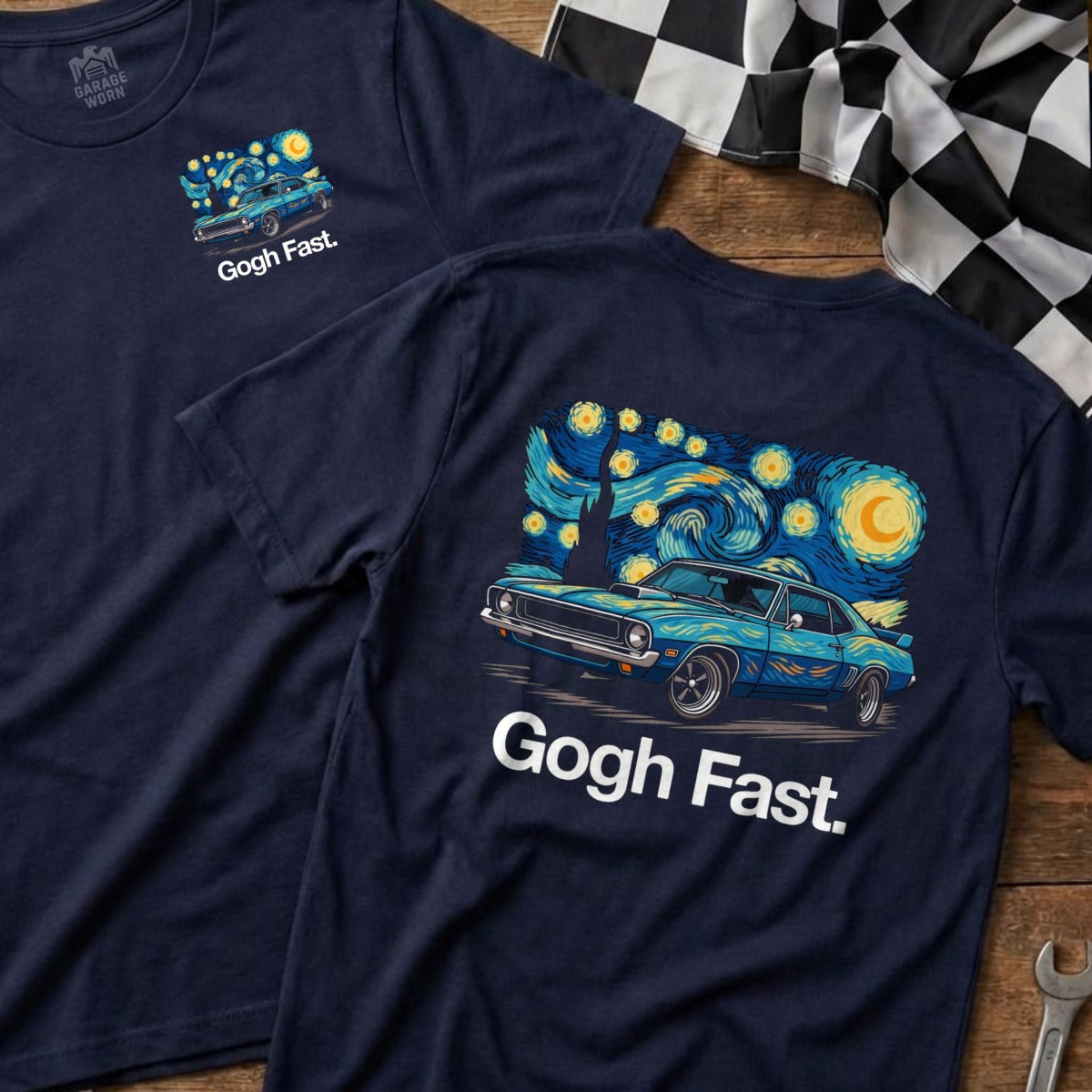 Blue muscle car on navy t-shirt with starry night sky and "Gogh Fast."