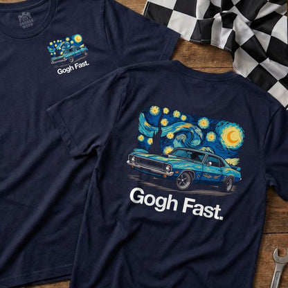 Blue muscle car on navy t-shirt with starry night sky and "Gogh Fast."