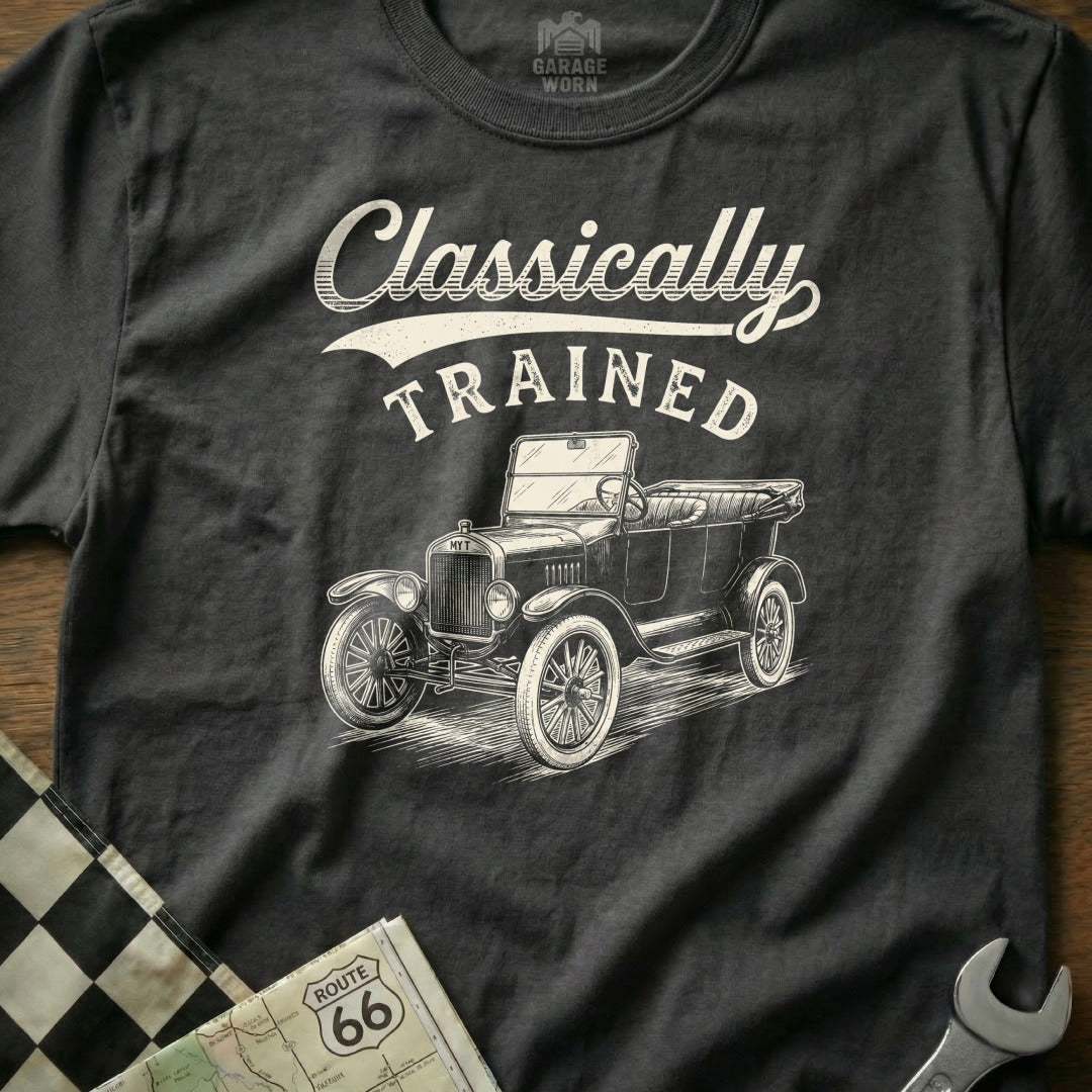 Dark grey t-shirt with "Classically TRAINED" text and vintage car graphic.