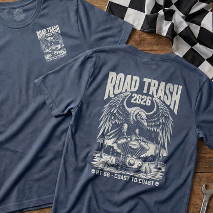 Blue t-shirts with "Road Trash 2026" and an eagle over a motorcycle.
