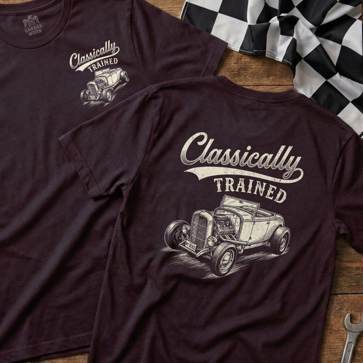 Dark t-shirts with "Classically Trained" and a hot rod graphic.