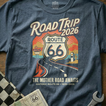 T-shirt with Route 66 "Road Trip 2026" design and "The Mother Road Awaits" text.