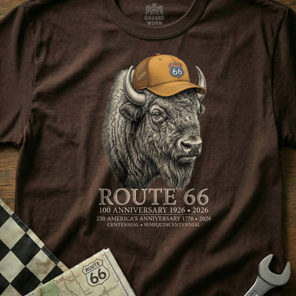 Brown t-shirt graphic of a bison wearing a Route 66 hat, with Route 66 text.