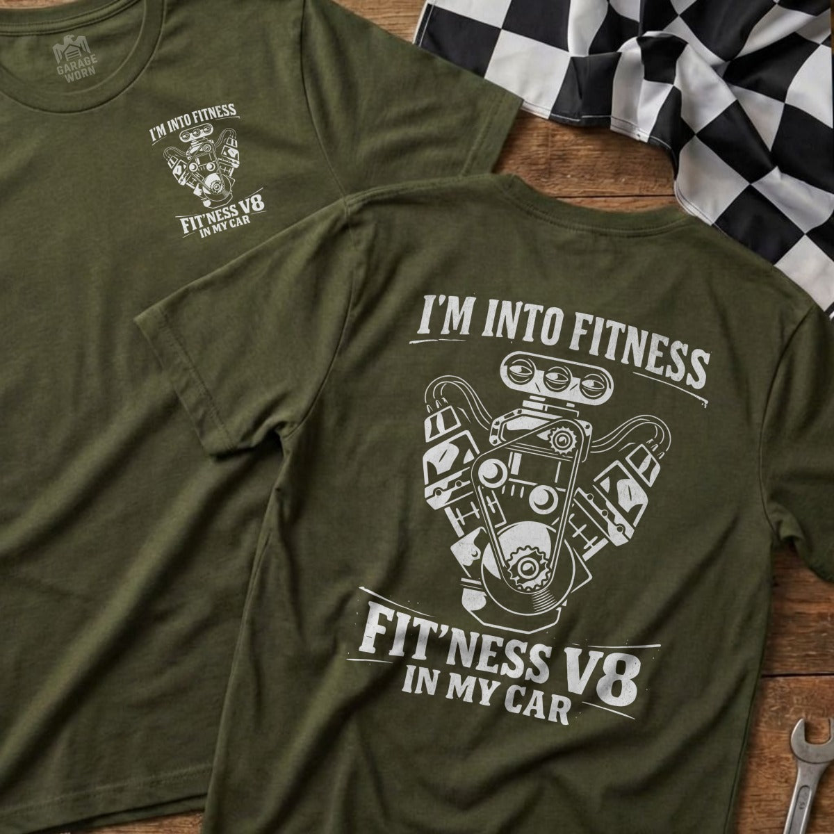 Green t-shirts with "I'm Into Fitness, Fit'ness V8 In My Car" text and engine graphic.