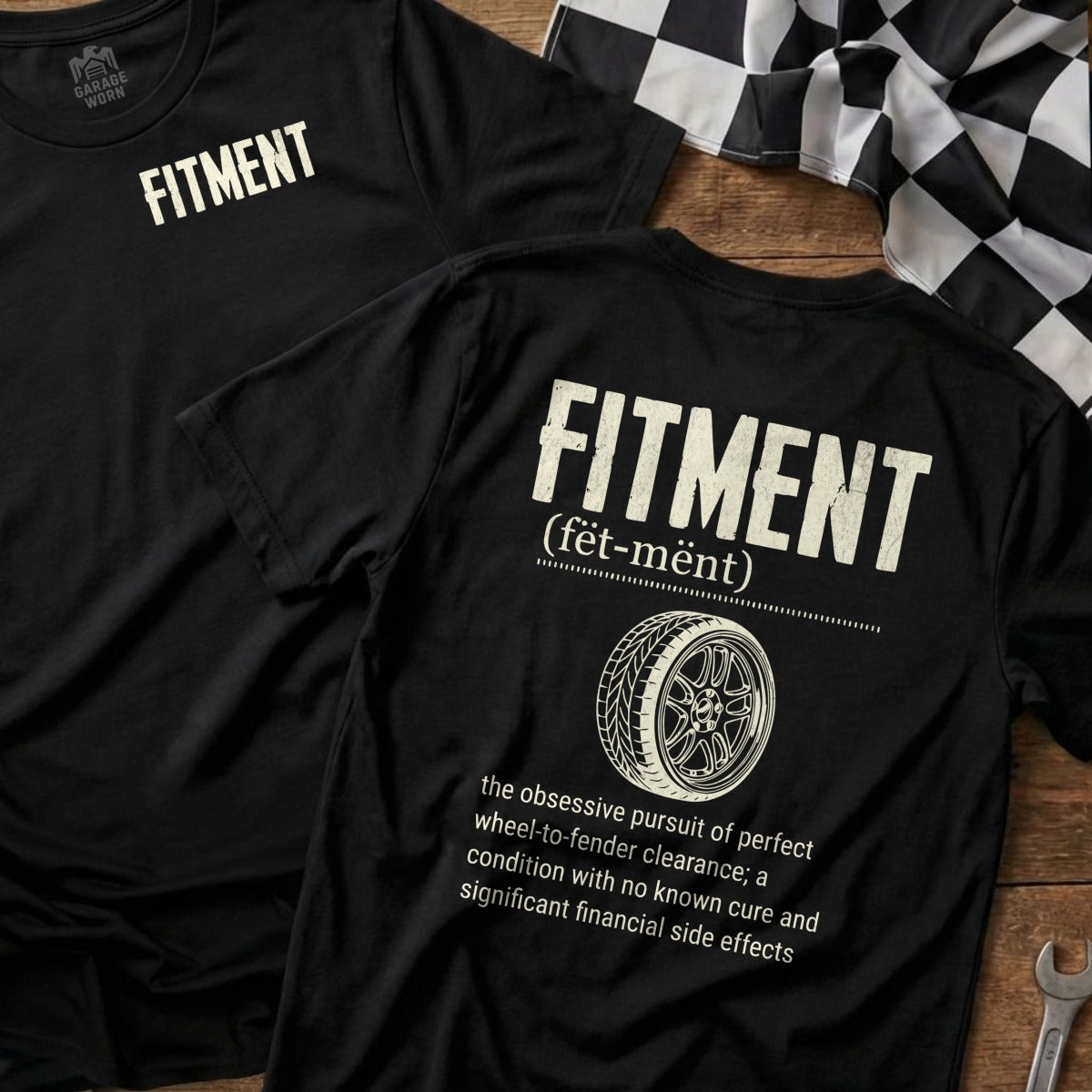"FITMENT" t-shirt with definition of the word in white text.