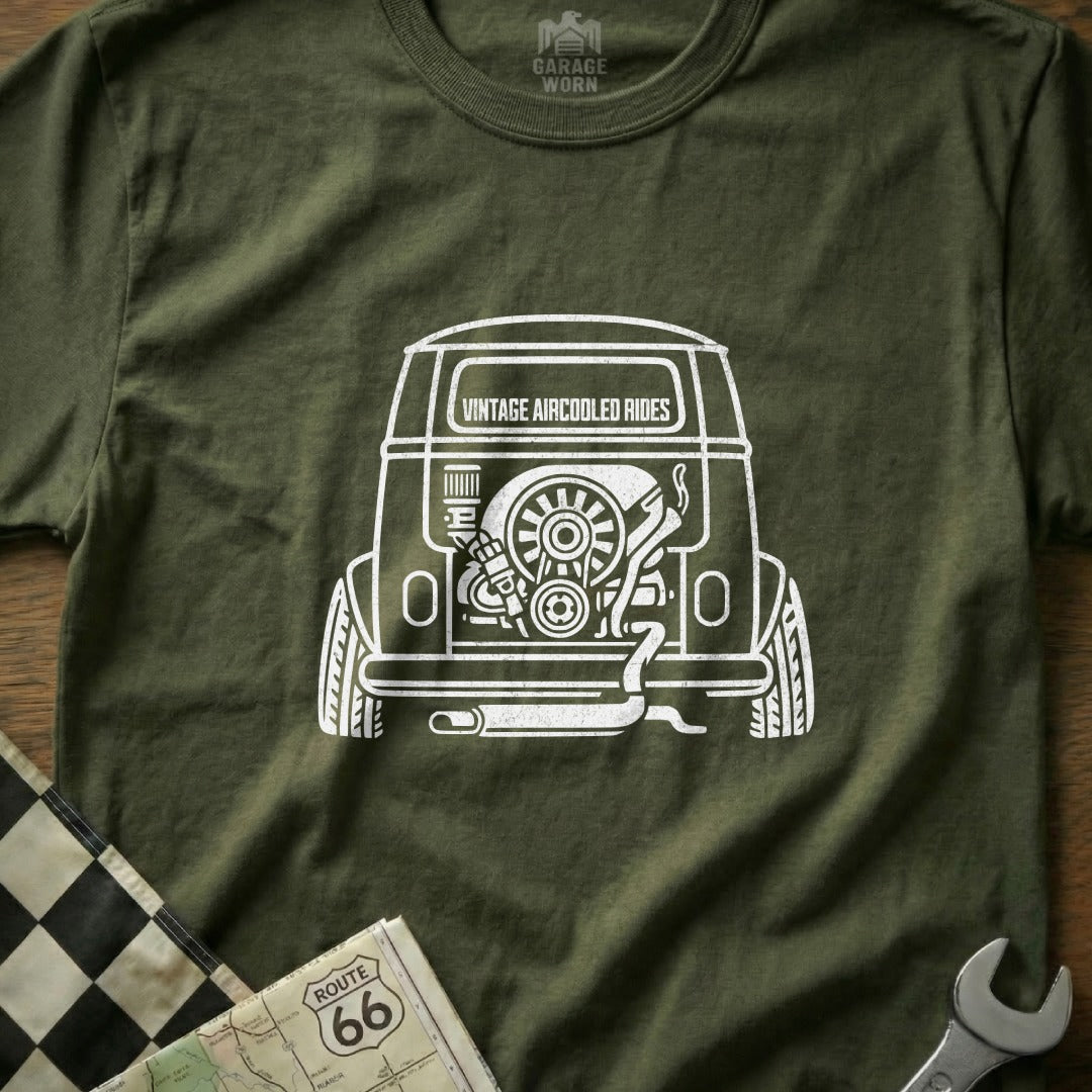 T-shirt featuring a white line drawing of a vintage air-cooled car engine.