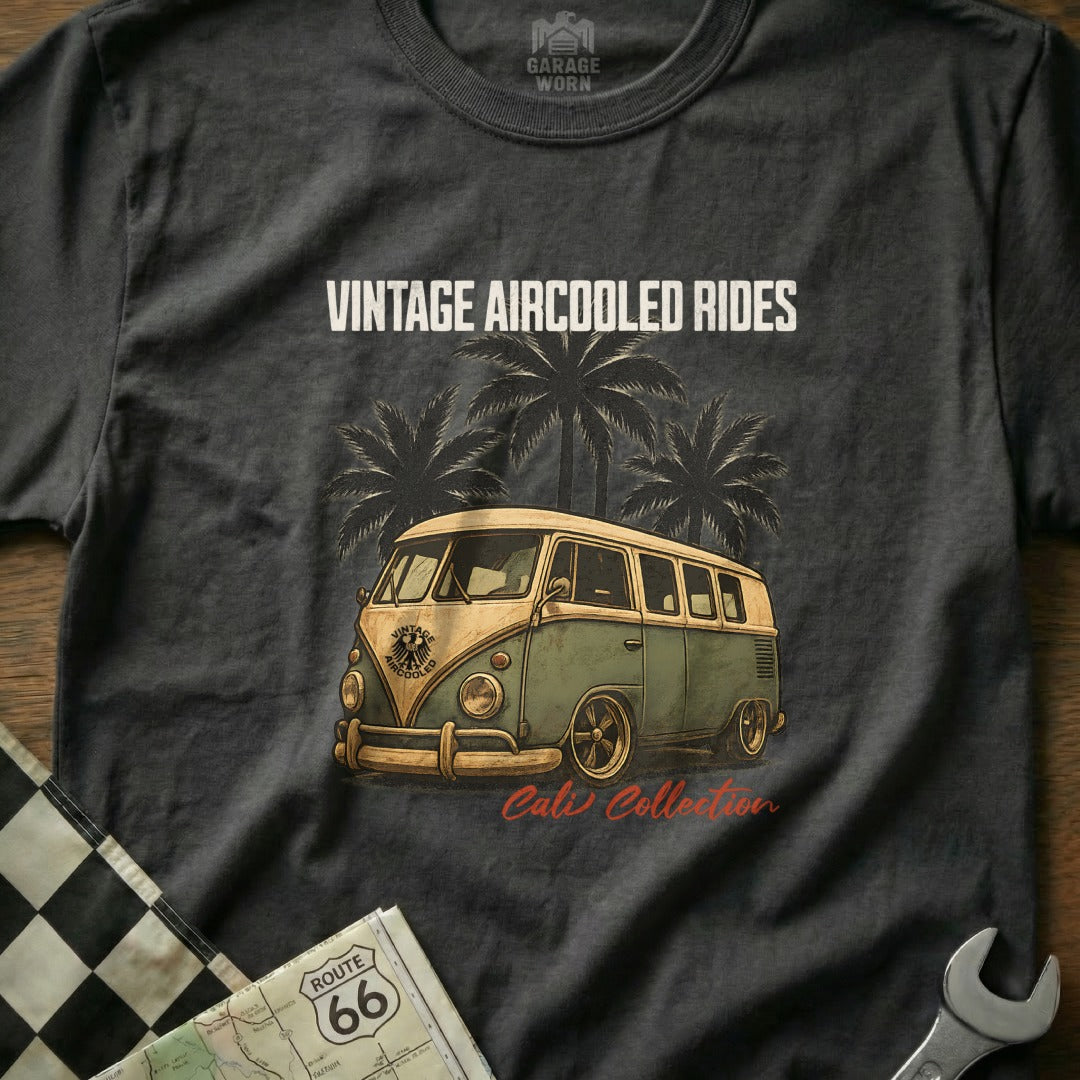 Vintage aircooled van with palm trees and "Cali Collection" text.