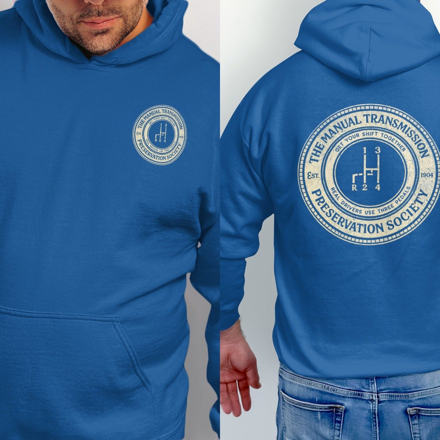Blue hoodie with "Manual Transmission Preservation Society" logo on back and chest.