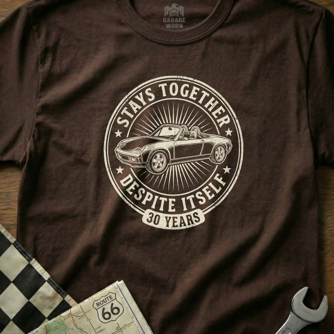 Brown t-shirt with "30 Years" anniversary design featuring a convertible car.