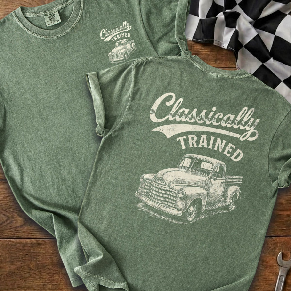 Green t-shirt with "Classically TRAINED" and vintage truck graphic.
