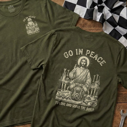 Green t-shirts with "Go In Peace" text and illustration of Jesus with engine parts.