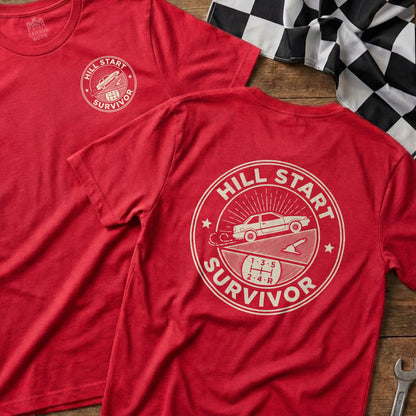 Red t-shirt with "Hill Start Survivor" text and gear diagram.