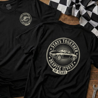 Black t-shirt with "Stays Together Despite Itself 30 Years" text and car graphic.