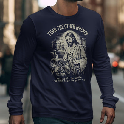 Jesus holding a wrench with text "Turn the Other Wrench".