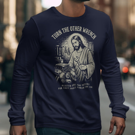 Jesus holding a wrench with text "Turn the Other Wrench".