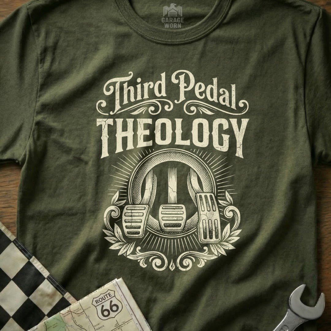 Olive green t-shirt with "Third Pedal Theology" and pedal graphic.