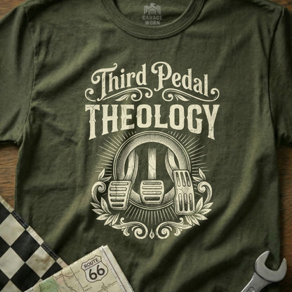 Olive green t-shirt with "Third Pedal Theology" and pedal graphic.