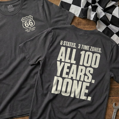 Dark grey t-shirt with Route 66 logo and text "100 YEARS 1926-2026."