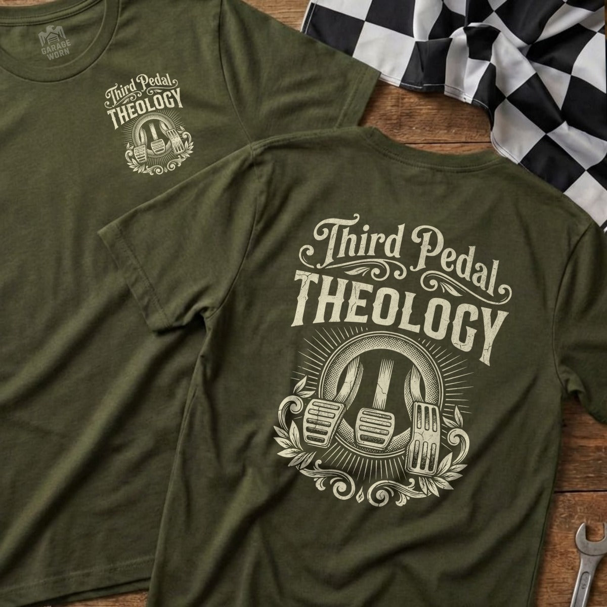 Olive green t-shirts with "Third Pedal Theology" and pedal graphics.
