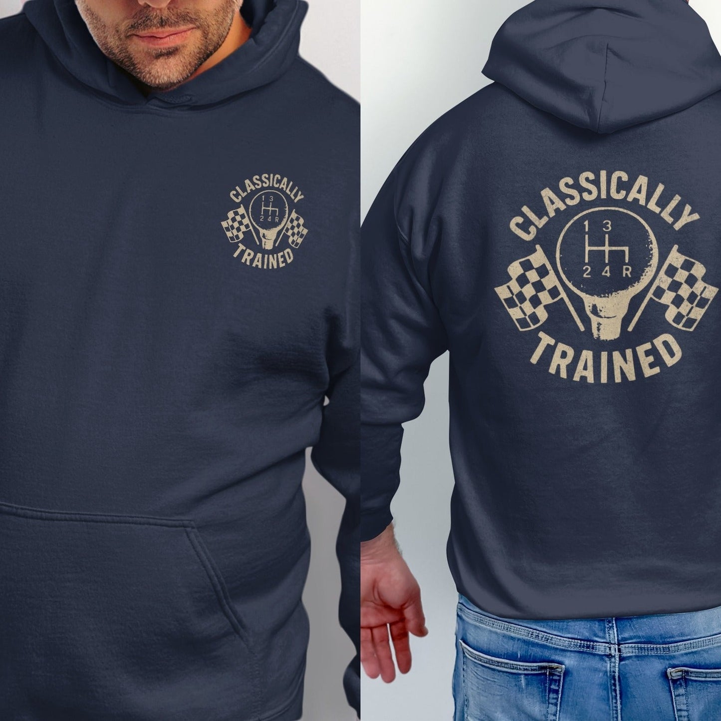Navy hoodie with "Classically Trained" text and gear shift graphic with checkered flags.