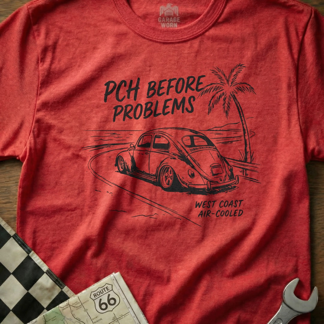 Red t-shirt with "PCH Before Problems" and "West Coast Air-Cooled" text, featuring a vintage VW Beetle.