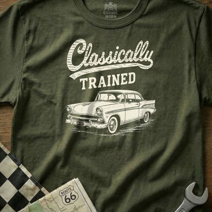 Olive green t-shirt with "Classically TRAINED" and a vintage car graphic.