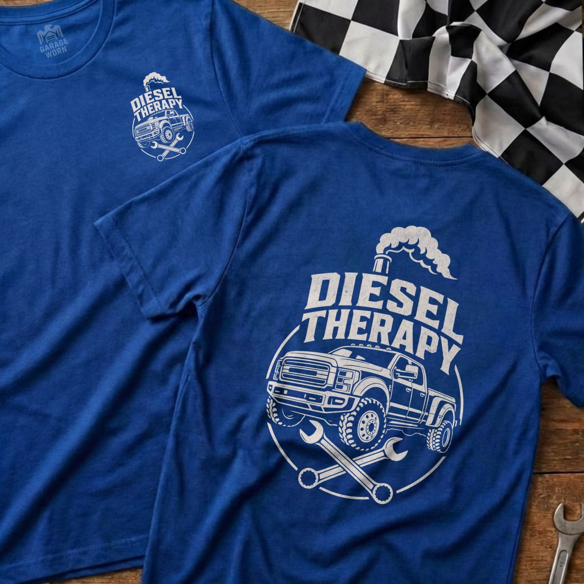 Blue t-shirts with "Diesel Therapy" graphic of a truck and tools.