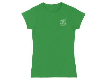 Green t-shirt with "Two Pedal Soul" logo and bicycle pedals graphic.