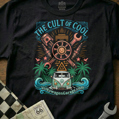 The Cult of Cool t-shirt featuring a vintage Volkswagen van, pistons, and palm trees.